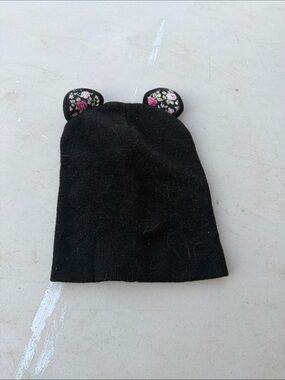 Pugs Kids Black Knit Beanie with Floral Ear Accents